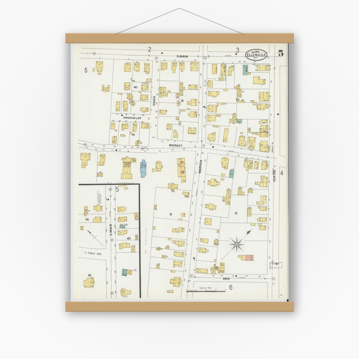 Old map wall art mockup — magnetic wood frame on white wall — Sanborn Fire Insurance Map from Ellenville, Ulster County, New York (1900), Sheet #0005