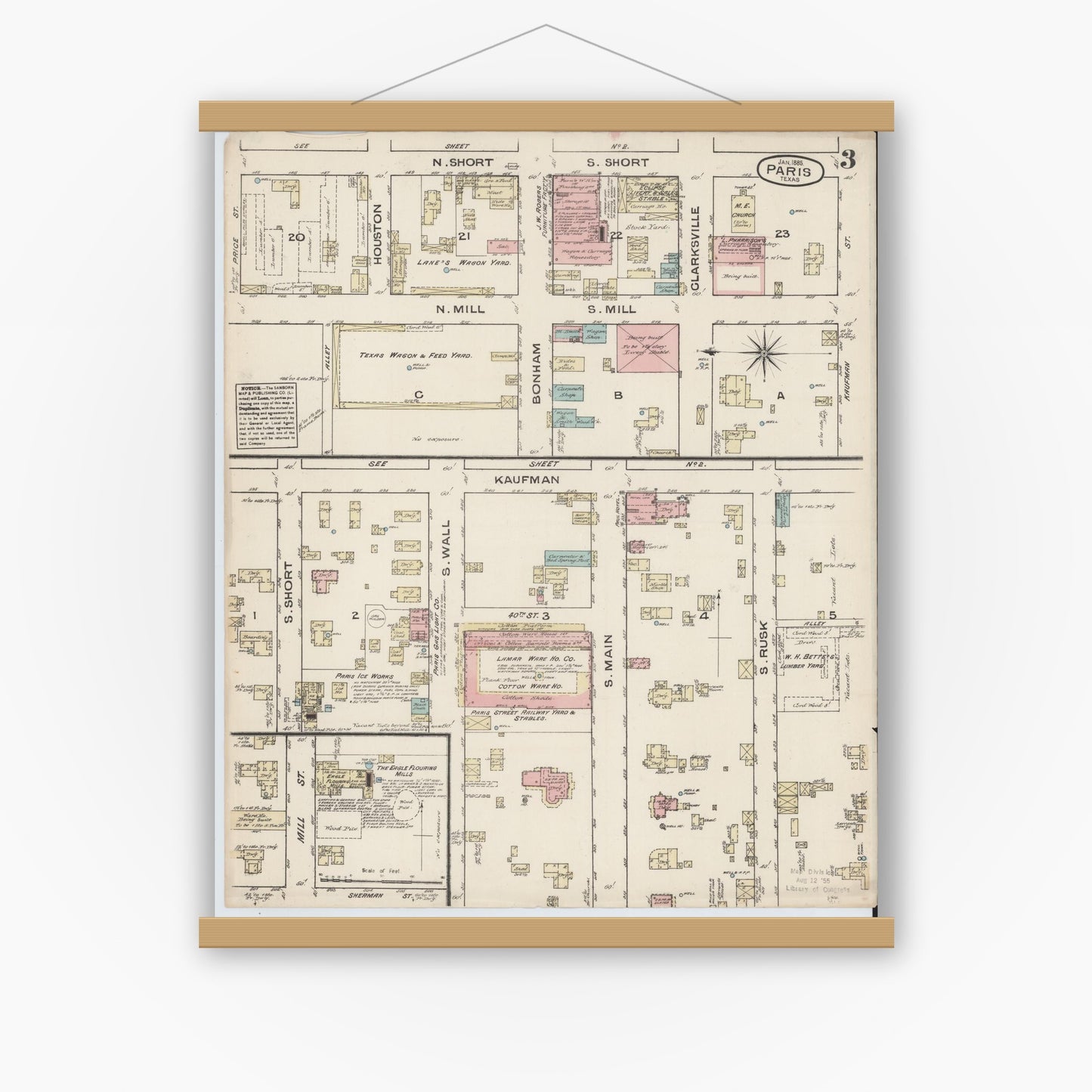 Old map wall art mockup — magnetic wood frame on white wall — Sanborn Fire Insurance Map from Paris, Lamar County, Texas (1885), Sheet #0003