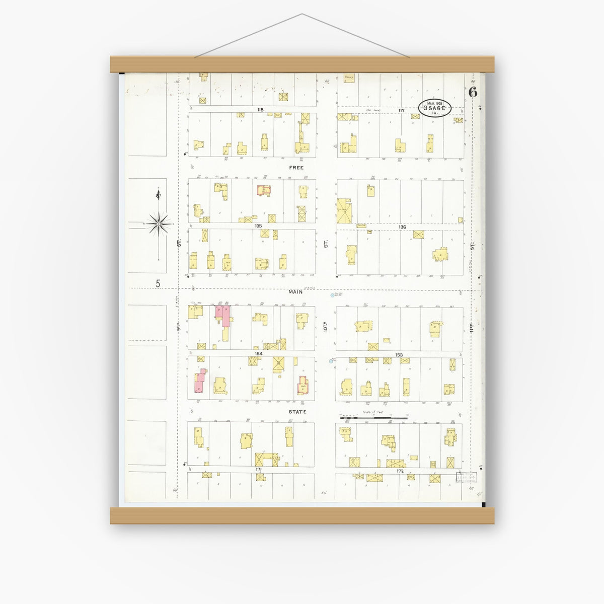 Old map wall art mockup — magnetic wood frame on white wall — Sanborn Fire Insurance Map from Osage, Mitchell County, Iowa (1905), Sheet #0006