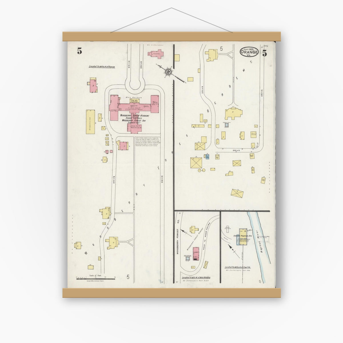 Old map wall art mockup — magnetic wood frame on white wall — Sanborn Fire Insurance Map from Orange, Orange County, Virginia (1925), Sheet #0005