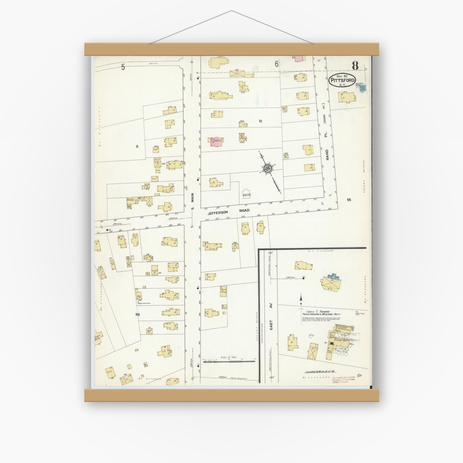Old map wall art mockup — magnetic wood frame on white wall — Sanborn Fire Insurance Map from Pittsford, Monroe County, New York (1912), Sheet #0008