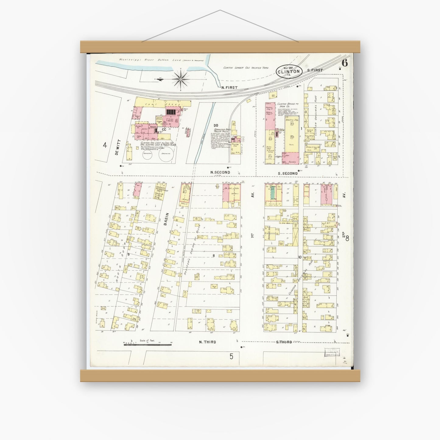 Old map wall art mockup — magnetic wood frame on white wall — Sanborn Fire Insurance Map from Clinton, Clinton County, Iowa (1897), Sheet #0006