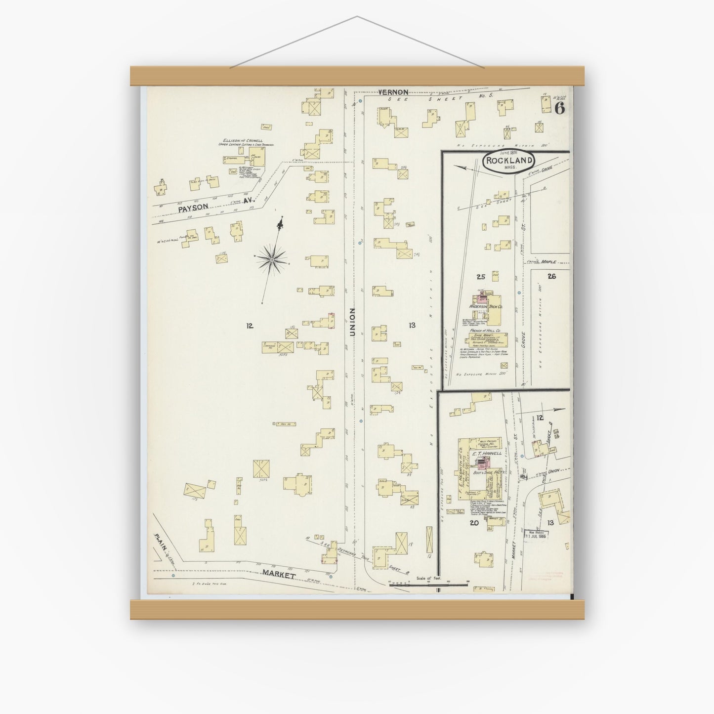 Old map wall art mockup — magnetic wood frame on white wall — Sanborn Fire Insurance Map from Rockland, Plymouth County, Massachusetts (1891), Sheet #0006