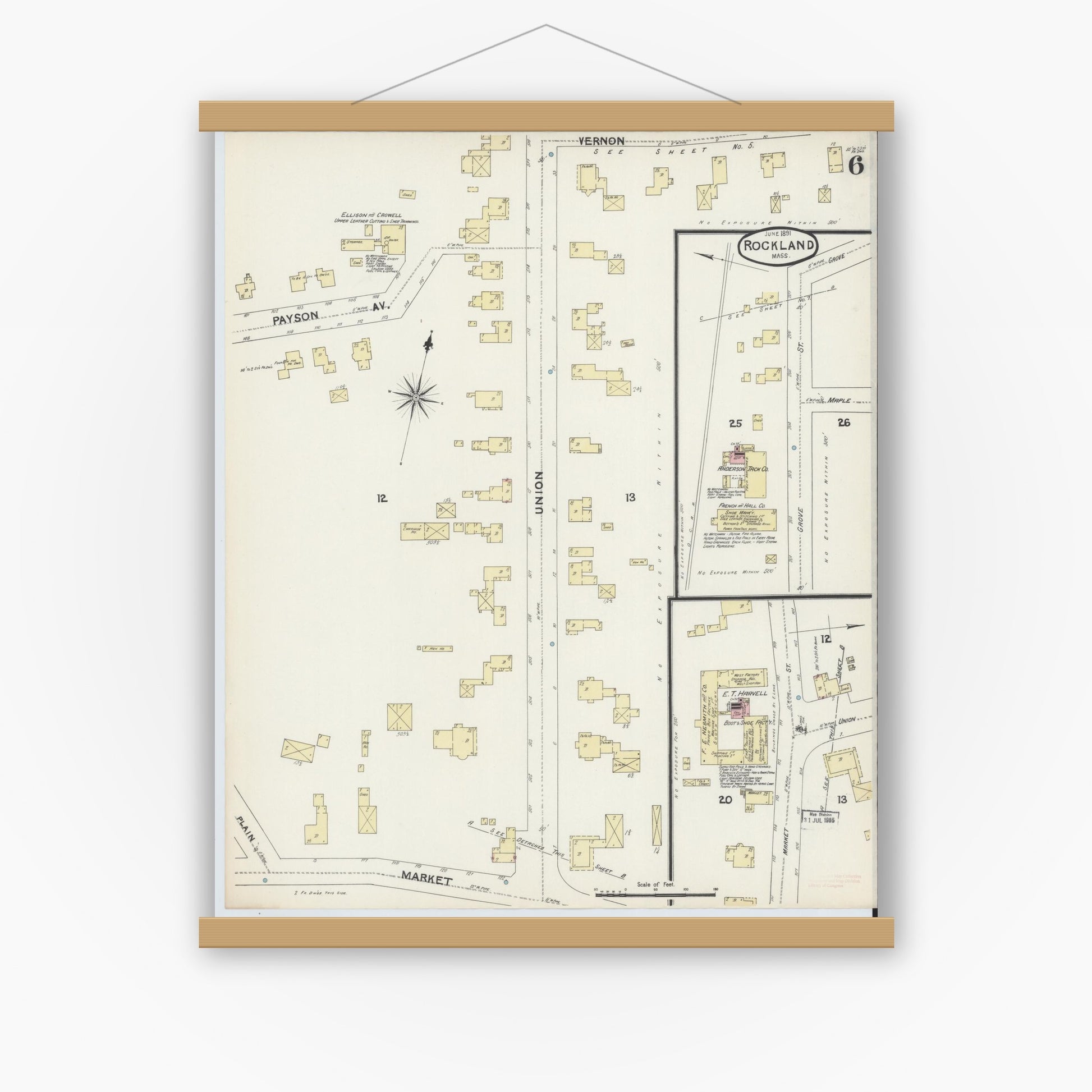 Old map wall art mockup — magnetic wood frame on white wall — Sanborn Fire Insurance Map from Rockland, Plymouth County, Massachusetts (1891), Sheet #0006
