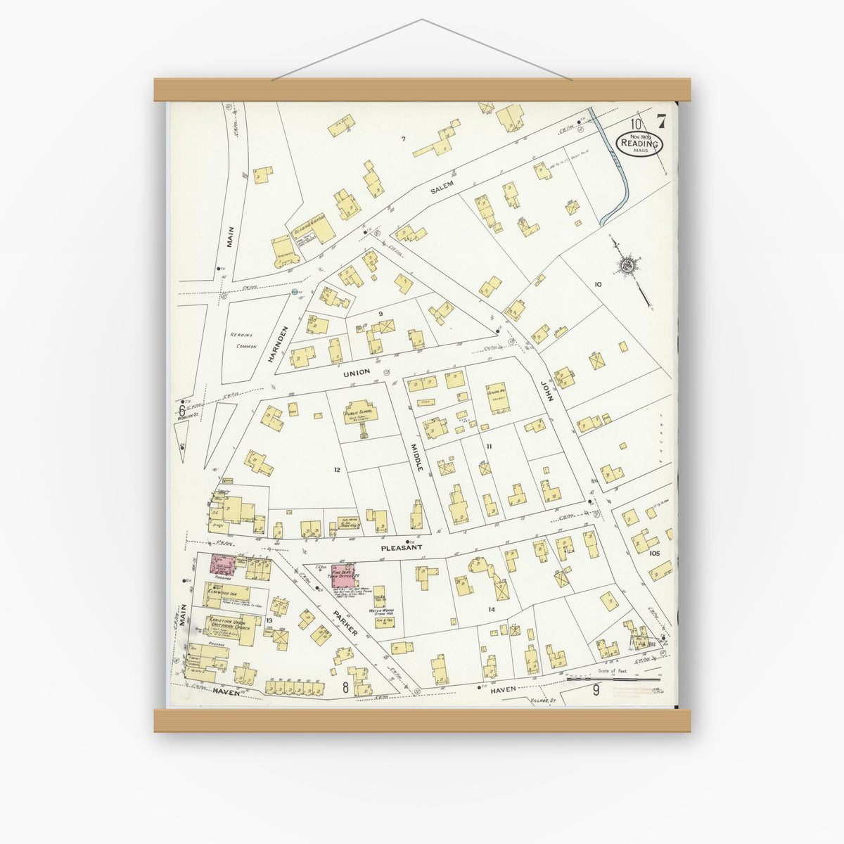 Old map wall art mockup — magnetic wood frame on white wall — Sanborn Fire Insurance Map from Reading, Middlesex County, Massachusetts (1909), Sheet #0007