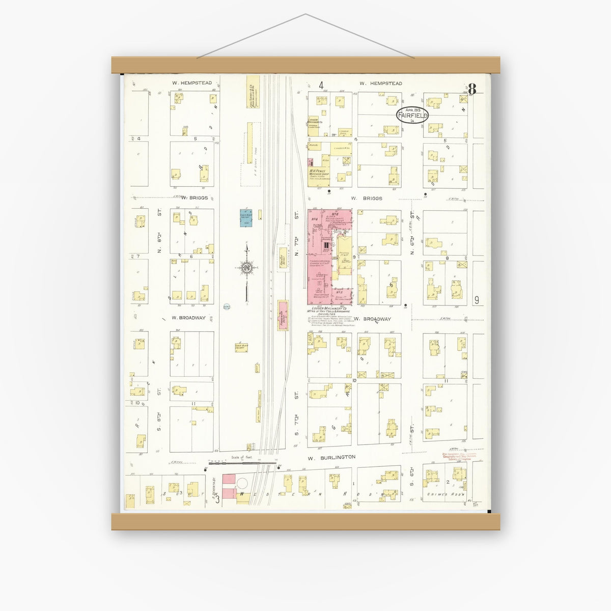 Old map wall art mockup — magnetic wood frame on white wall — Sanborn Fire Insurance Map from Fairfield, Jefferson County, Iowa (1913), Sheet #0008