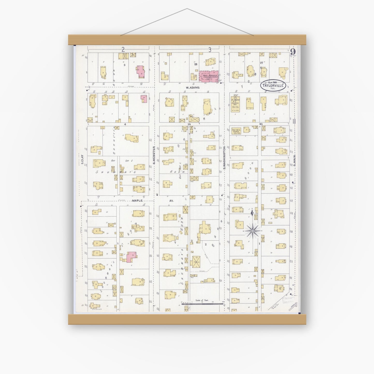Old map wall art mockup — magnetic wood frame on white wall — Sanborn Fire Insurance Map from Taylorville, Christian County, Illinois (1906), Sheet #0009