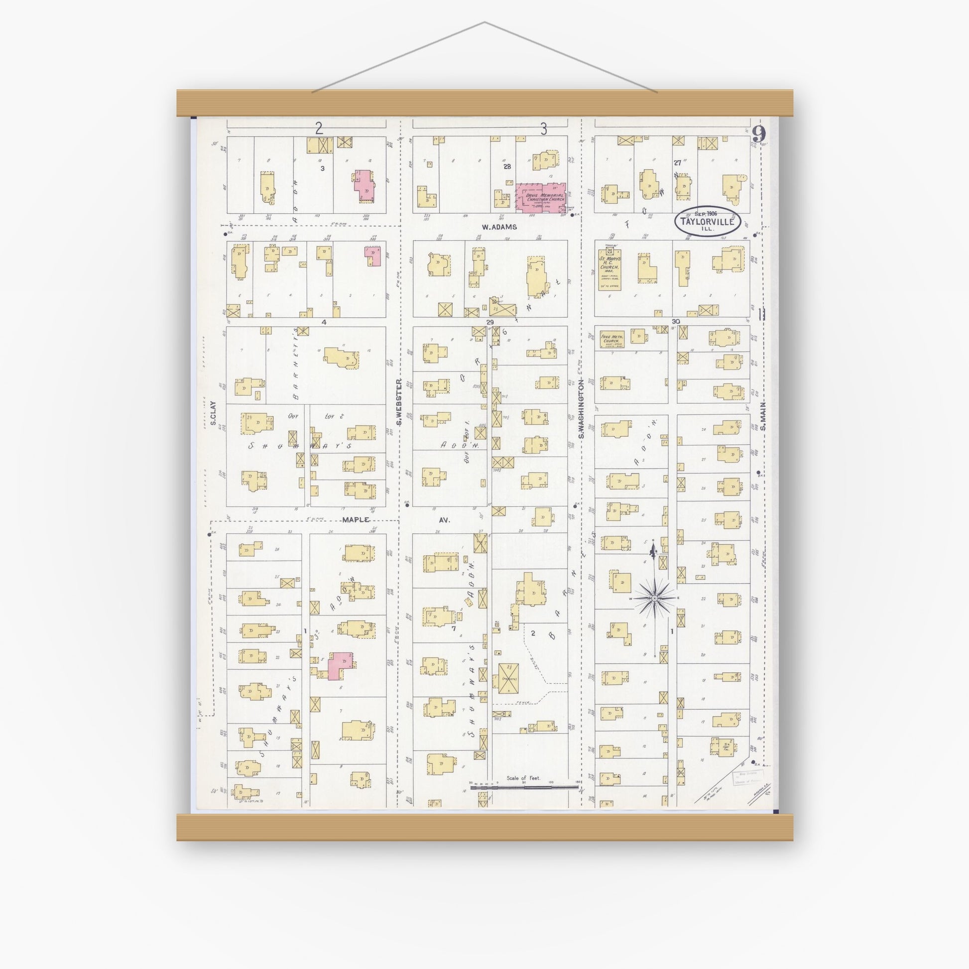 Old map wall art mockup — magnetic wood frame on white wall — Sanborn Fire Insurance Map from Taylorville, Christian County, Illinois (1906), Sheet #0009