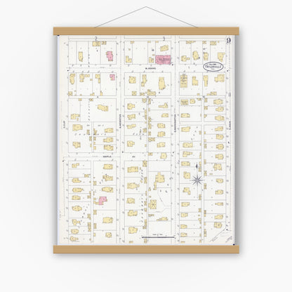 Old map wall art mockup — magnetic wood frame on white wall — Sanborn Fire Insurance Map from Taylorville, Christian County, Illinois (1906), Sheet #0009