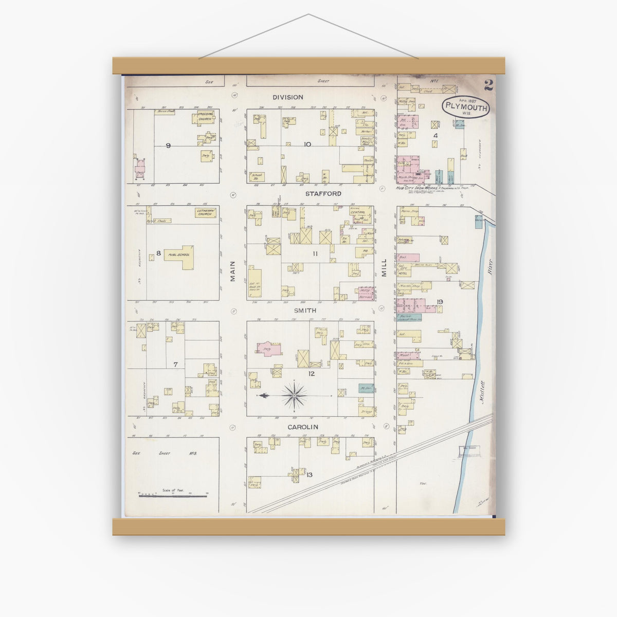 Old map wall art mockup — magnetic wood frame on white wall — Sanborn Fire Insurance Map from Plymouth, Sheboygan County, Wisconsin (1887), Sheet #0002