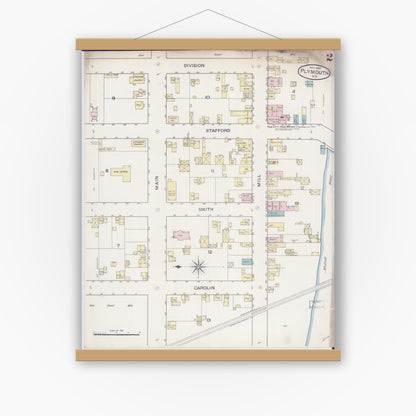 Old map wall art mockup — magnetic wood frame on white wall — Sanborn Fire Insurance Map from Plymouth, Sheboygan County, Wisconsin (1887), Sheet #0002