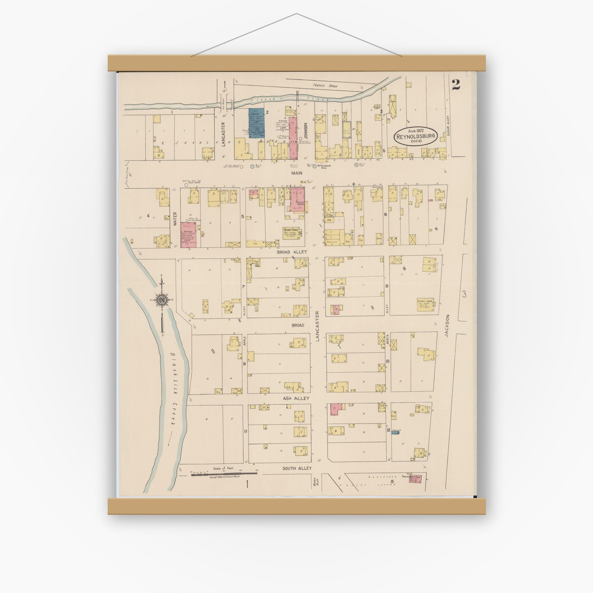Old map wall art mockup — magnetic wood frame on white wall — Sanborn Fire Insurance Map from Reynoldsburg, Franklin County, Ohio (1922), Sheet #0002