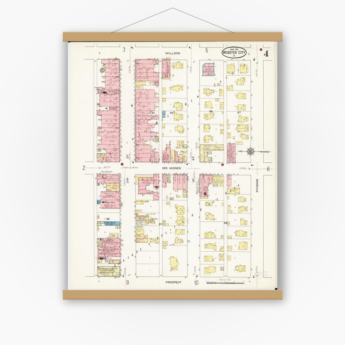 Old map wall art mockup — magnetic wood frame on white wall — Sanborn Fire Insurance Map from Webster City, Hamilton County, Iowa (1915), Sheet #0004