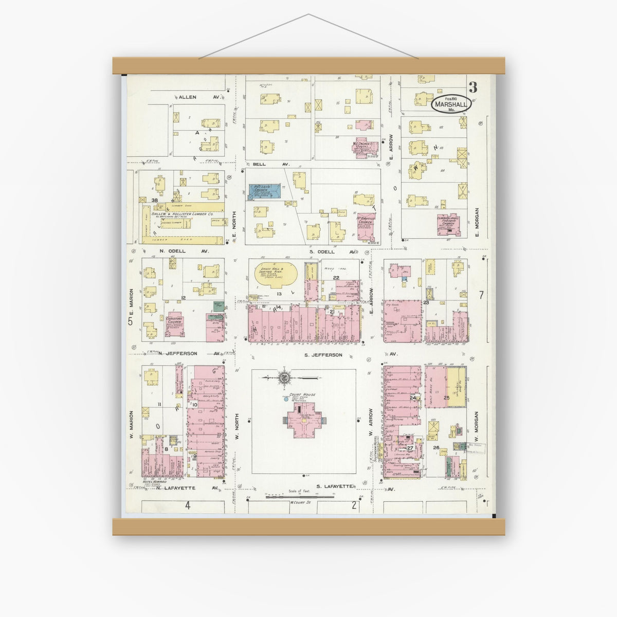 Old map wall art mockup — magnetic wood frame on white wall — Sanborn Fire Insurance Map from Marshall, Saline County, Missouri (1910), Sheet #0003