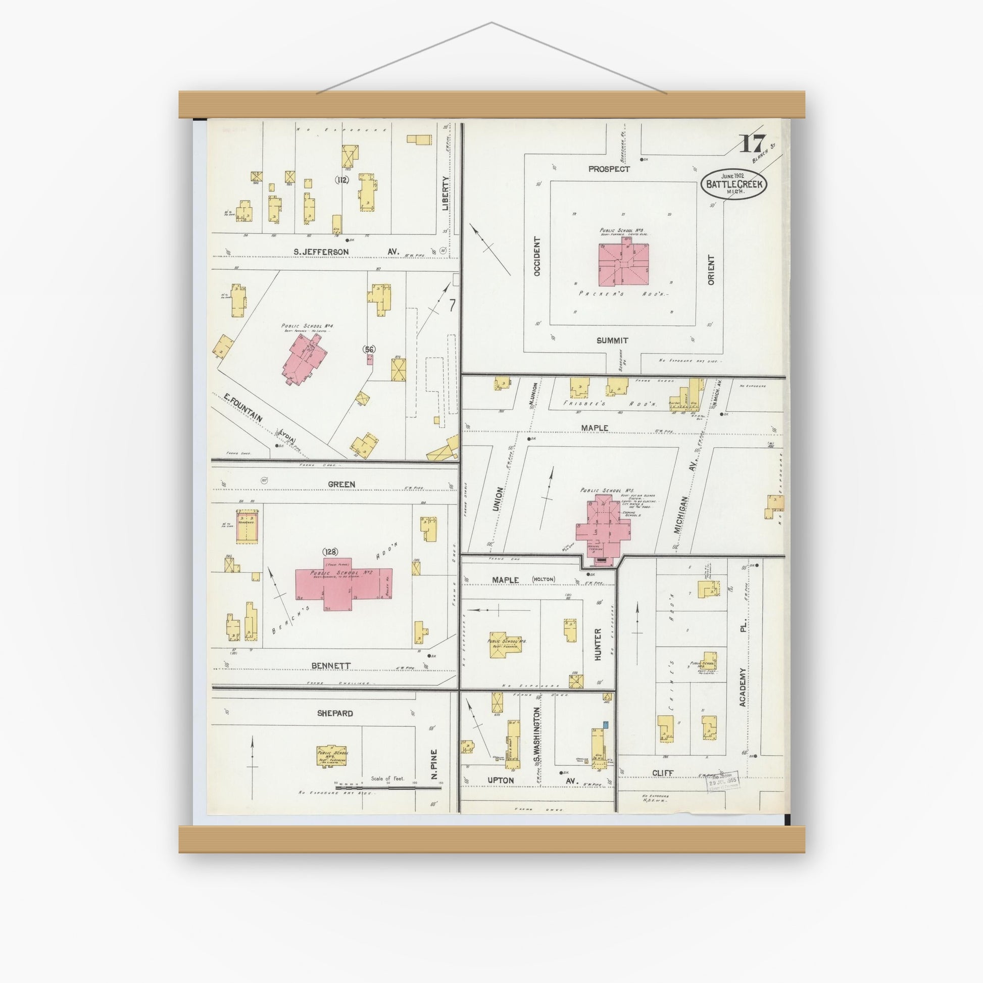 Old map wall art mockup — magnetic wood frame on white wall — Sanborn Fire Insurance Map from Battle Creek, Calhoun County, Michigan (1902), Sheet #0017