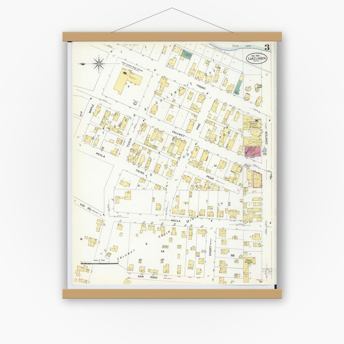 Old map wall art mockup — magnetic wood frame on white wall — Sanborn Fire Insurance Map from Lake Linden, Houghton County, Michigan (1908), Sheet #0003
