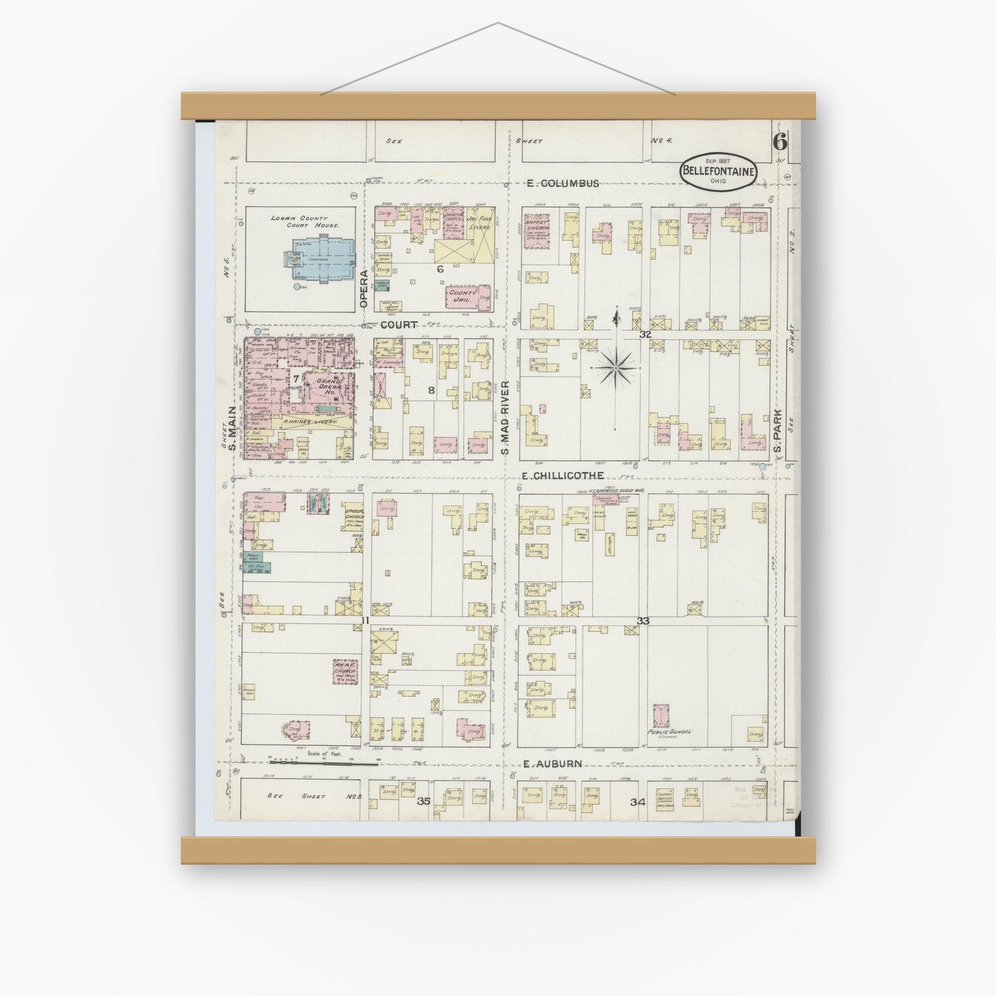 Old map wall art mockup — magnetic wood frame on white wall — Sanborn Fire Insurance Map from Bellefontaine, Logan County, Ohio (1887), Sheet #0006