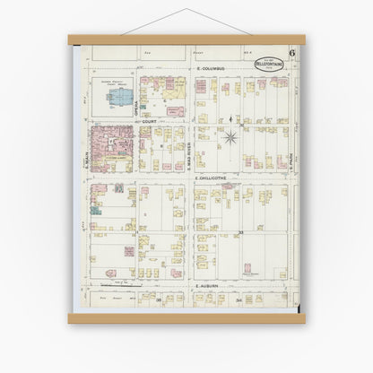 Old map wall art mockup — magnetic wood frame on white wall — Sanborn Fire Insurance Map from Bellefontaine, Logan County, Ohio (1887), Sheet #0006