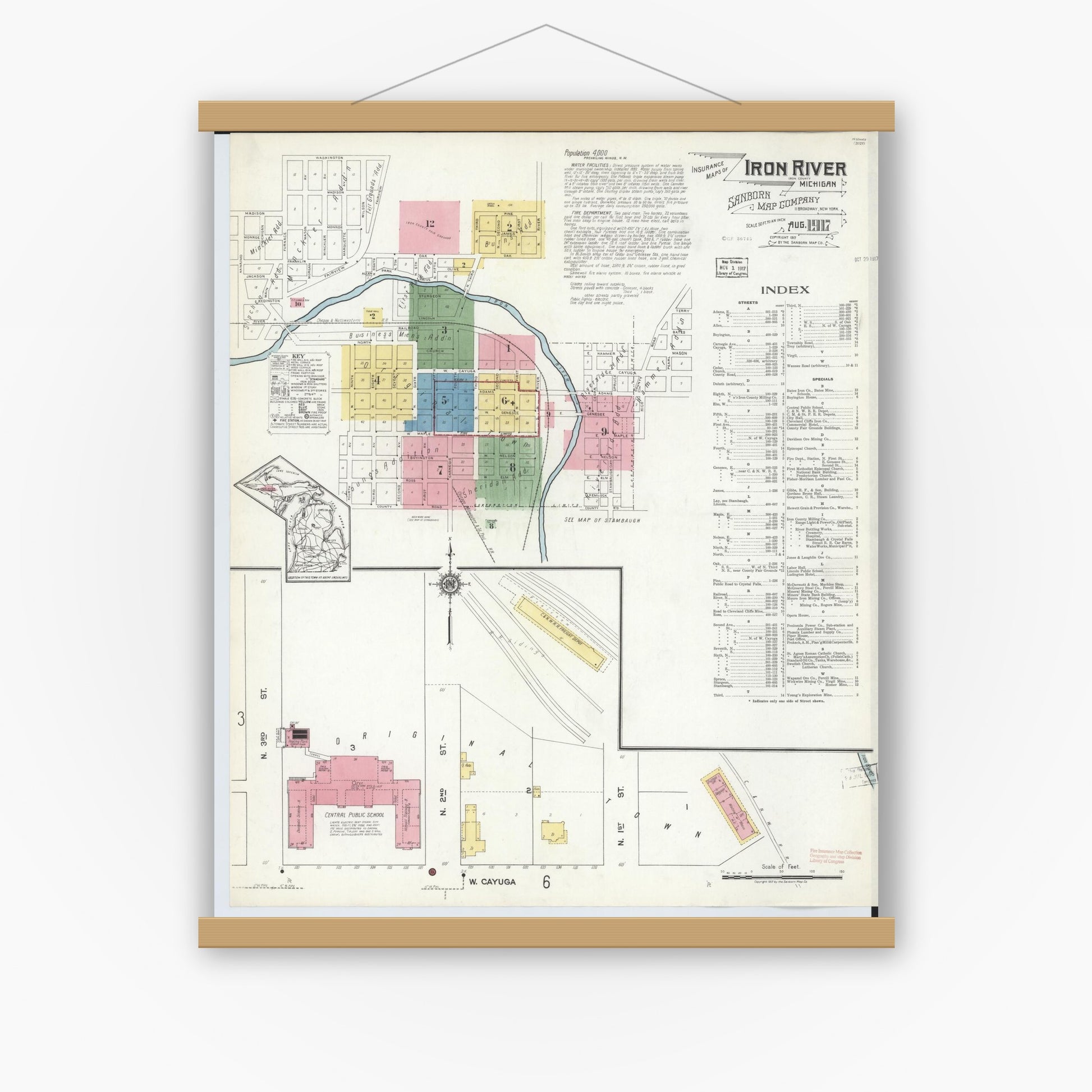 Old map wall art mockup — magnetic wood frame on white wall — Sanborn Fire Insurance Map from Iron River, Iron County, Michigan (1917) - Complete Map Set