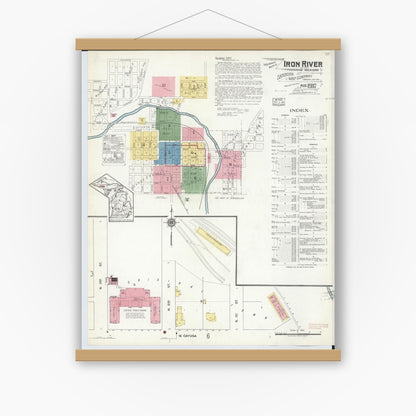 Old map wall art mockup — magnetic wood frame on white wall — Sanborn Fire Insurance Map from Iron River, Iron County, Michigan (1917) - Complete Map Set
