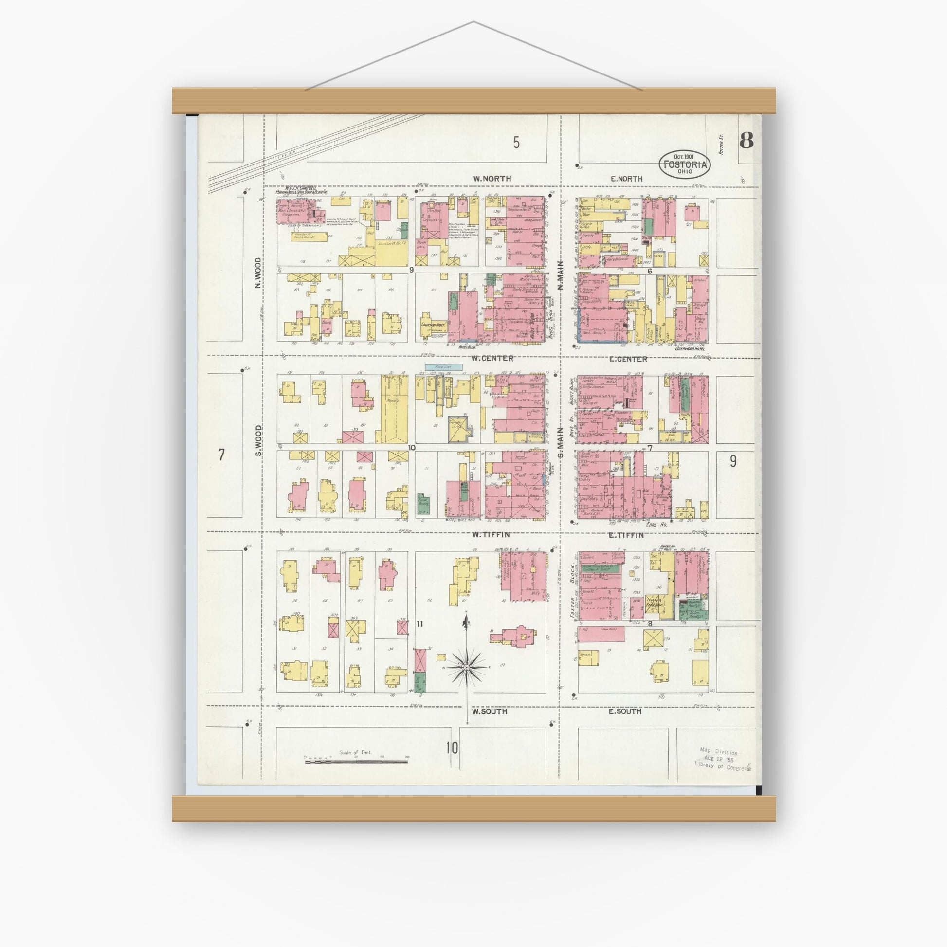 Old map wall art mockup — magnetic wood frame on white wall — Sanborn Fire Insurance Map from Fostoria, Seneca, Hancock, And Wood Counties, Ohio (1901), Sheet #0008