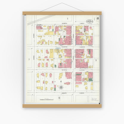 Old map wall art mockup — magnetic wood frame on white wall — Sanborn Fire Insurance Map from Fostoria, Seneca, Hancock, And Wood Counties, Ohio (1901), Sheet #0008