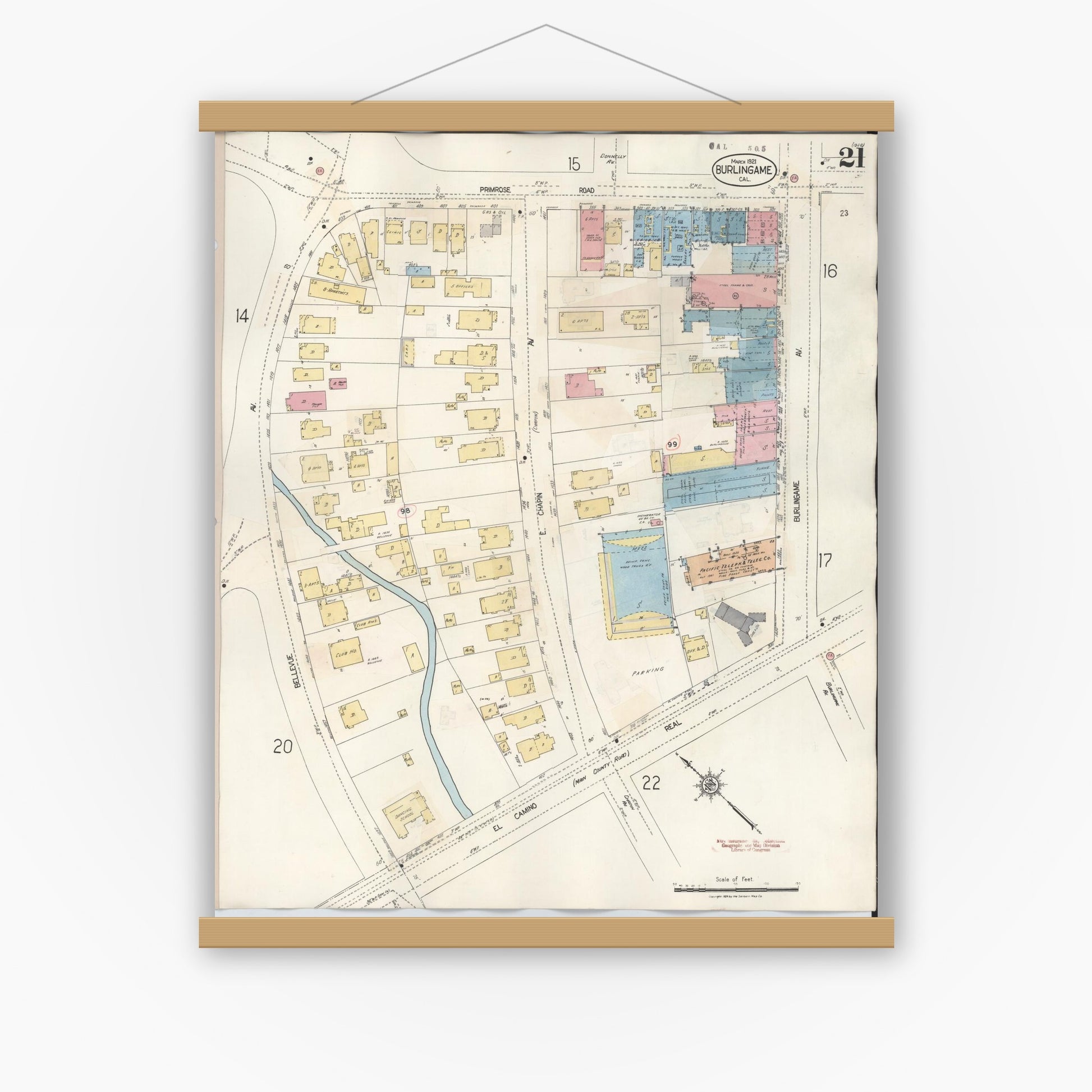 Old map wall art mockup — magnetic wood frame on white wall — Sanborn Fire Insurance Map from Burlingame, San Mateo County, California (1949), Sheet #0021