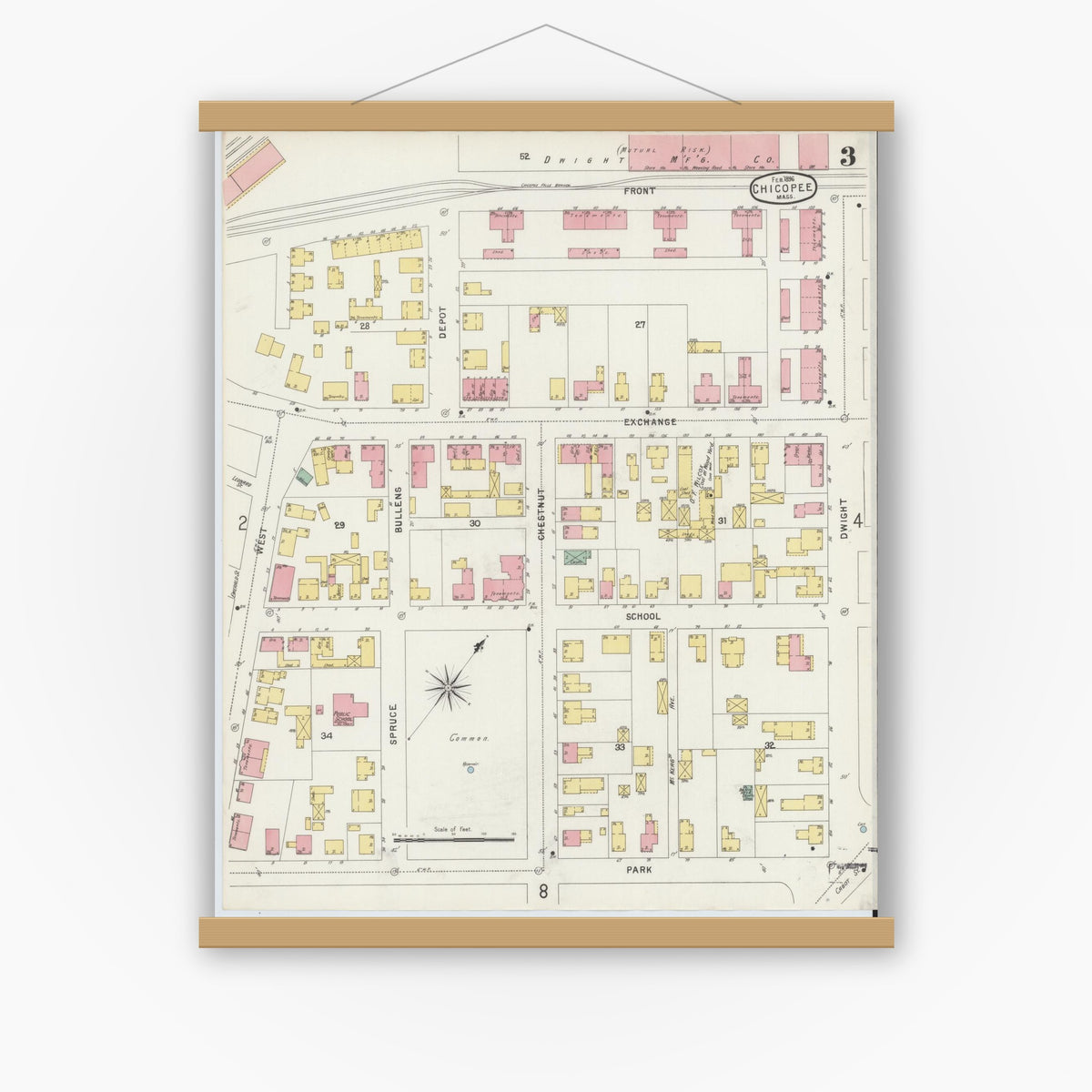 Old map wall art mockup — magnetic wood frame on white wall — Sanborn Fire Insurance Map from Chicopee, Hampden County, Massachusetts (1896), Sheet #0003