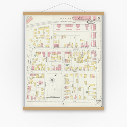 Old map wall art mockup — magnetic wood frame on white wall — Sanborn Fire Insurance Map from Chicopee, Hampden County, Massachusetts (1896), Sheet #0003