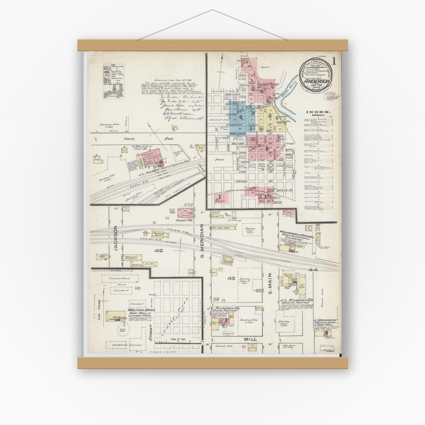 Old map wall art mockup — magnetic wood frame on white wall — Sanborn Fire Insurance Map from Anderson, Madison County, Indiana (1886) - Complete Map Set
