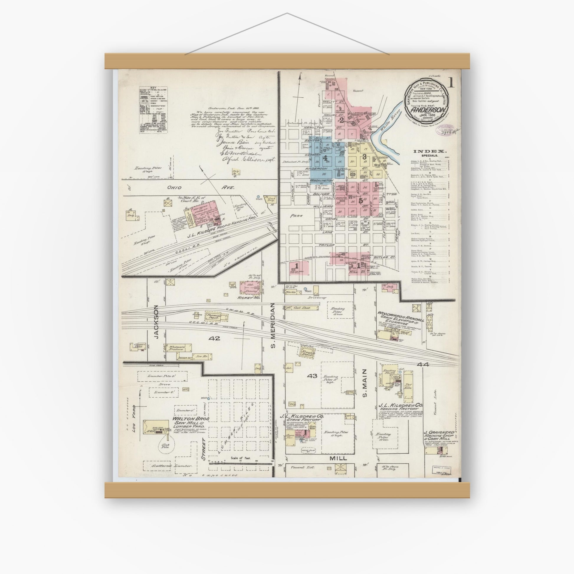 Old map wall art mockup — magnetic wood frame on white wall — Sanborn Fire Insurance Map from Anderson, Madison County, Indiana (1886) - Complete Map Set