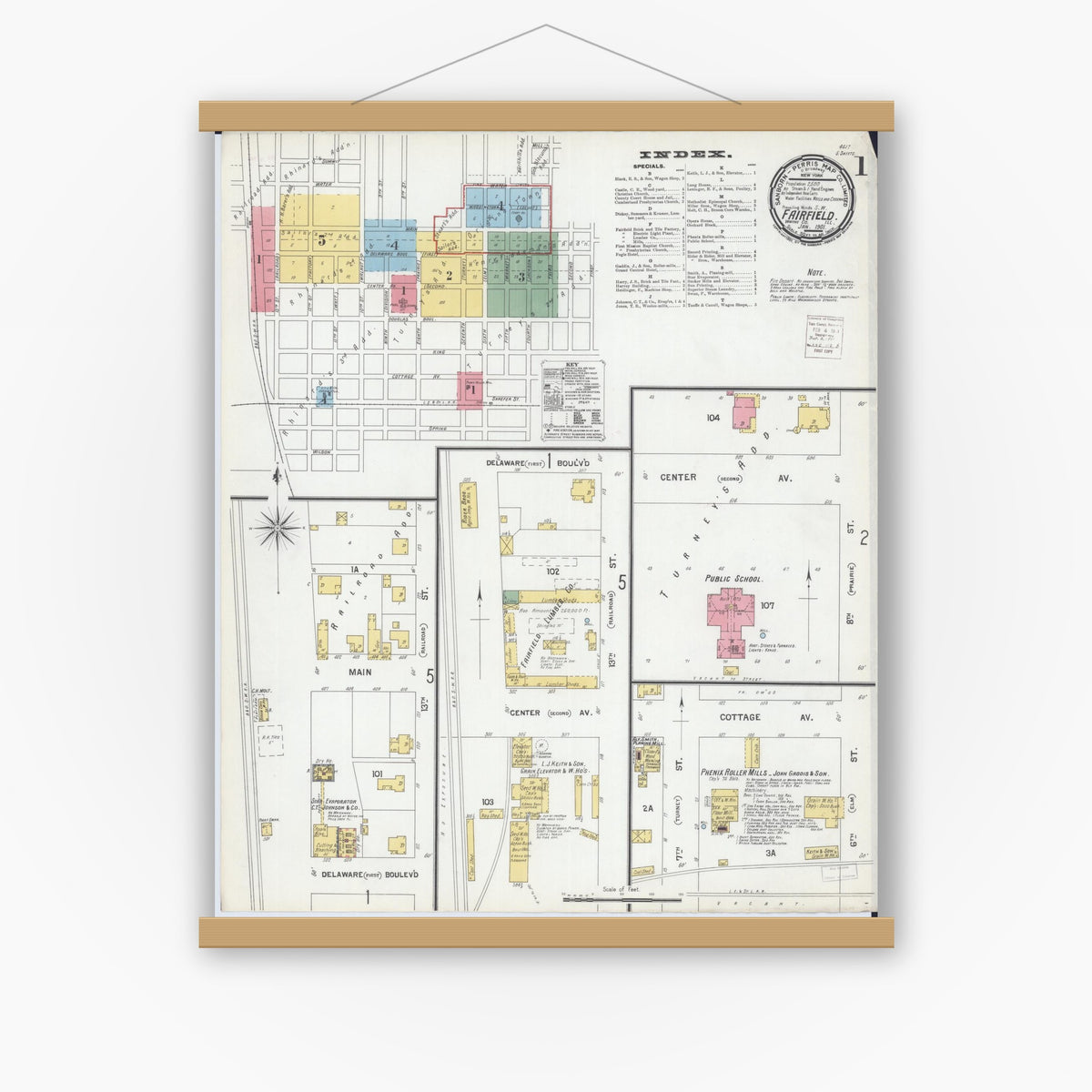 Old map wall art mockup — magnetic wood frame on white wall — Sanborn Fire Insurance Map from Fairfield, Wayne County, Illinois (1901) - Complete Map Set