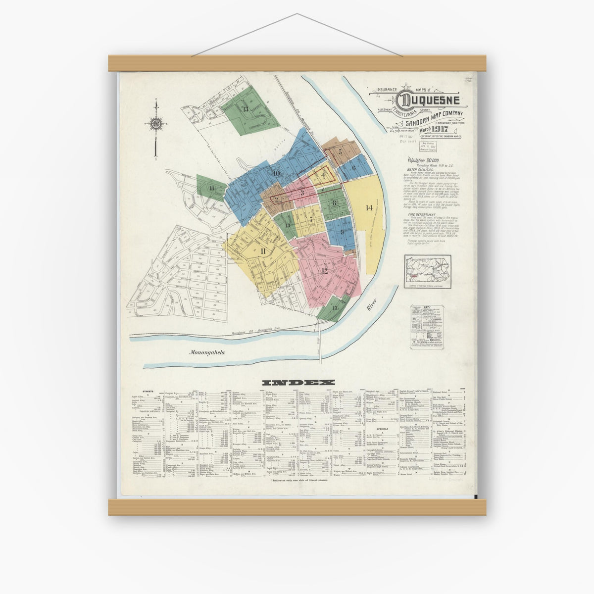 Old map wall art mockup — magnetic wood frame on white wall — Sanborn Fire Insurance Map from Duquesne, Allegheny County, Pennsylvania (1917) - Complete Map Set