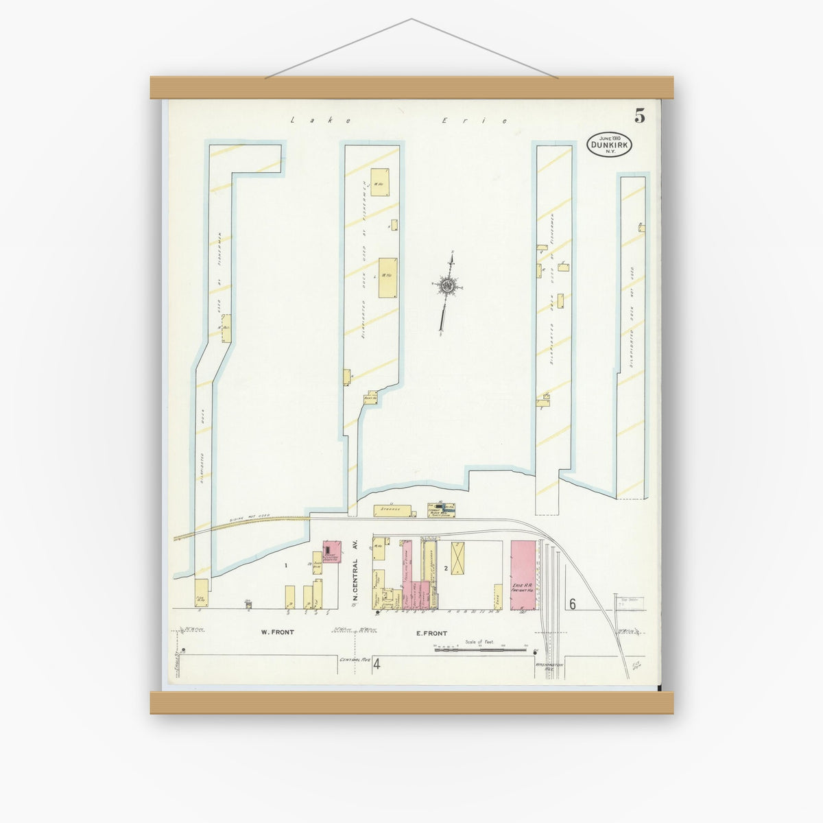 Old map wall art mockup — magnetic wood frame on white wall — Sanborn Fire Insurance Map from Dunkirk, Chautauqua County, New York (1910), Sheet #0005