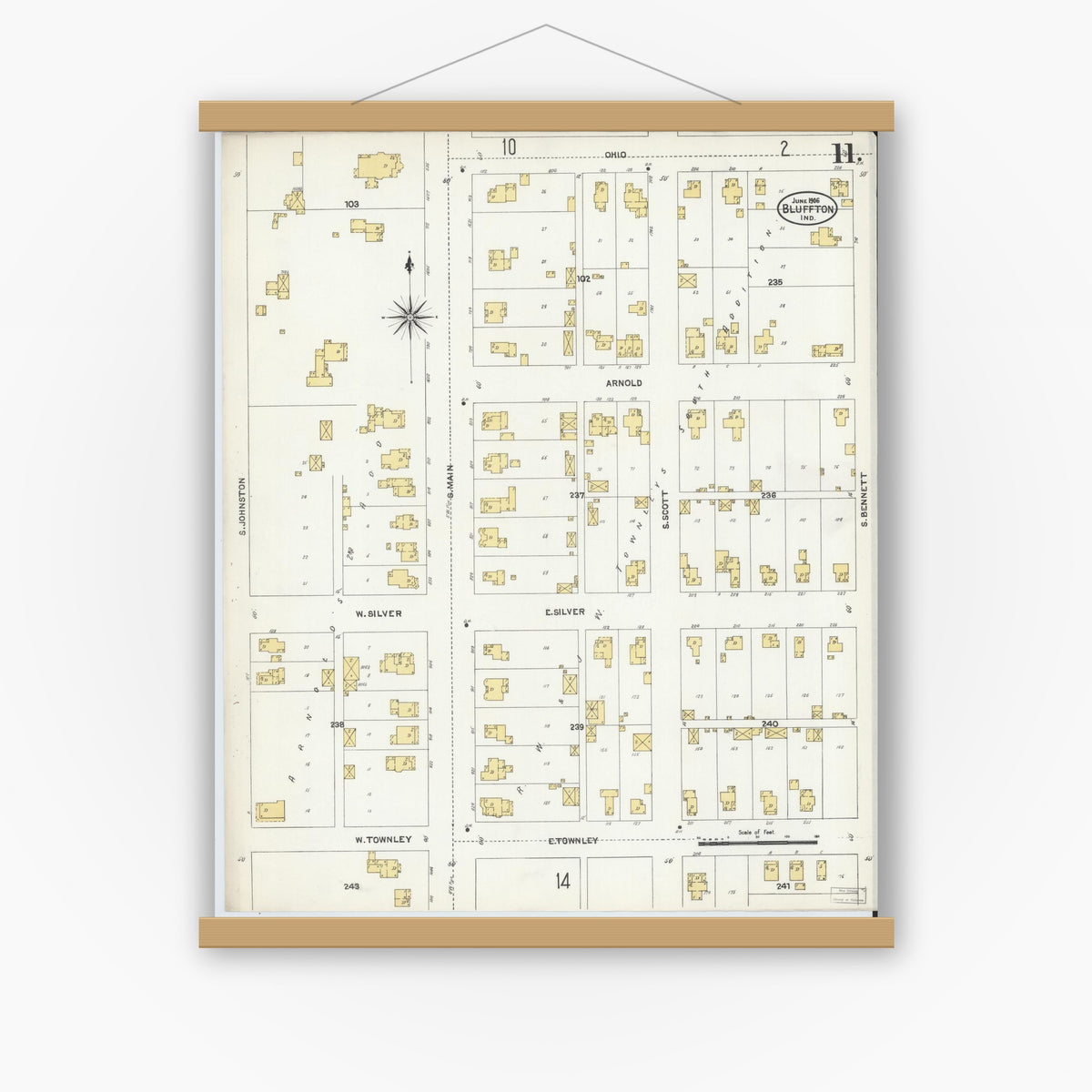 Old map wall art mockup — magnetic wood frame on white wall — Sanborn Fire Insurance Map from Bluffton, Wells County, Indiana (1906), Sheet #0011