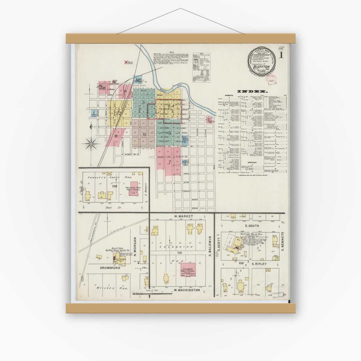 Old map wall art mockup — magnetic wood frame on white wall — Sanborn Fire Insurance Map from Bluffton, Wells County, Indiana (1895), Sheet #0001