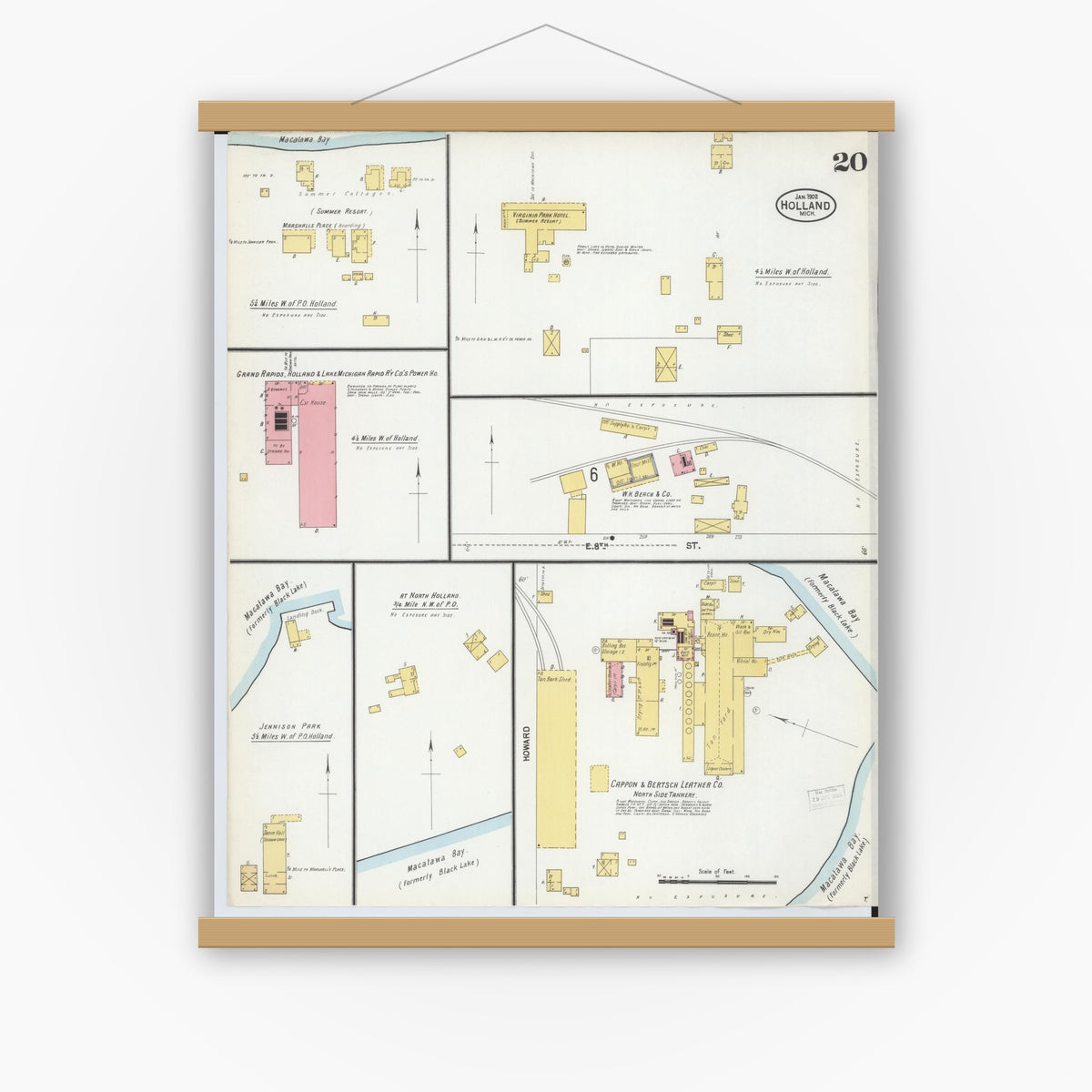 Old map wall art mockup — magnetic wood frame on white wall — Sanborn Fire Insurance Map from Holland, Ottawa County, Michigan (1902), Sheet #0020