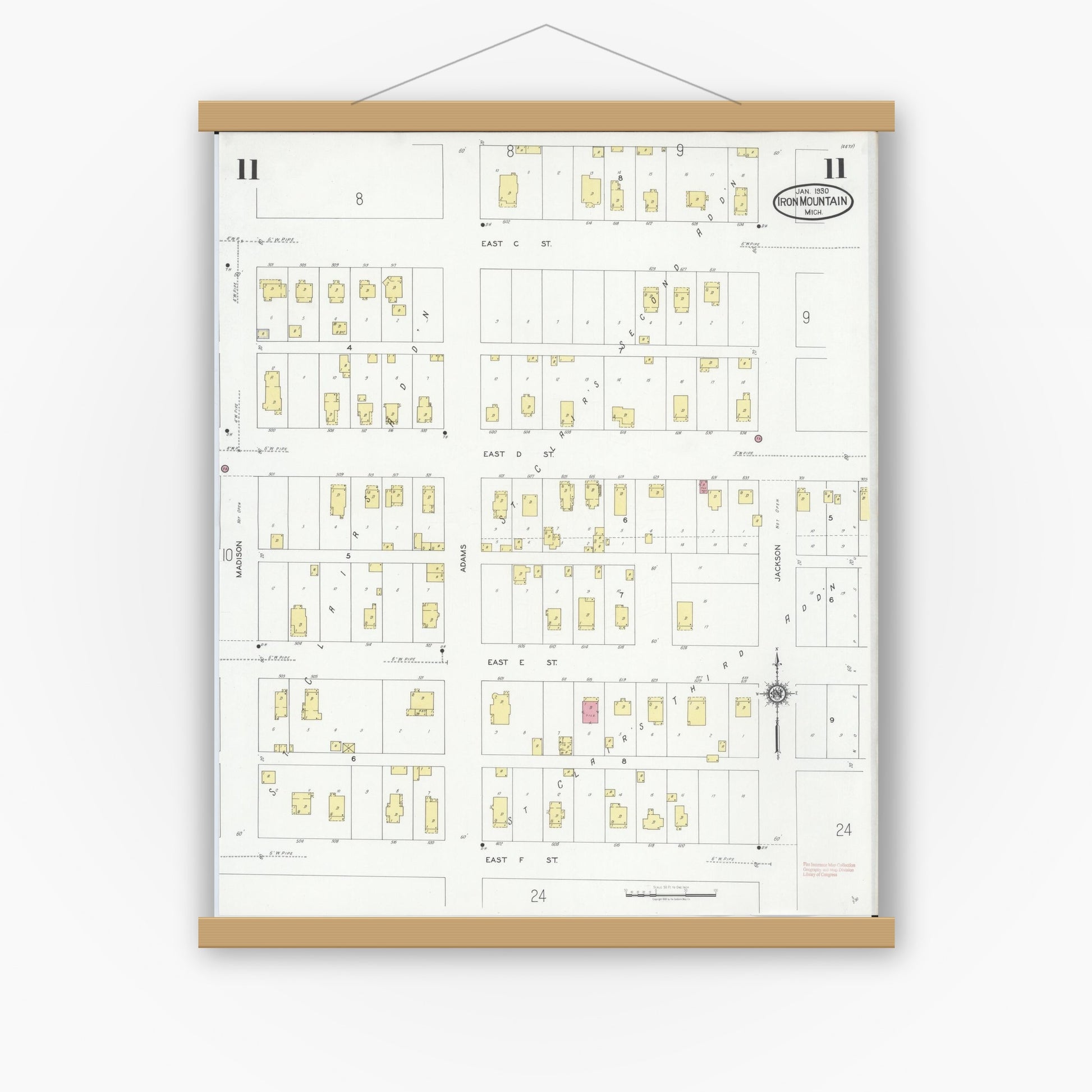 Old map wall art mockup — magnetic wood frame on white wall — Sanborn Fire Insurance Map from Iron Mountain, Dickinson County, Michigan (1930), Sheet #0011