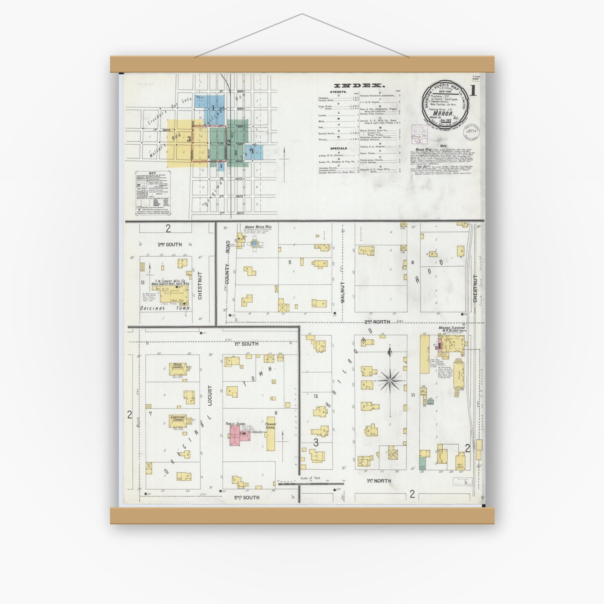 Old map wall art mockup — magnetic wood frame on white wall — Sanborn Fire Insurance Map from Maroa, Macon County, Illinois (1901) - Complete Map Set