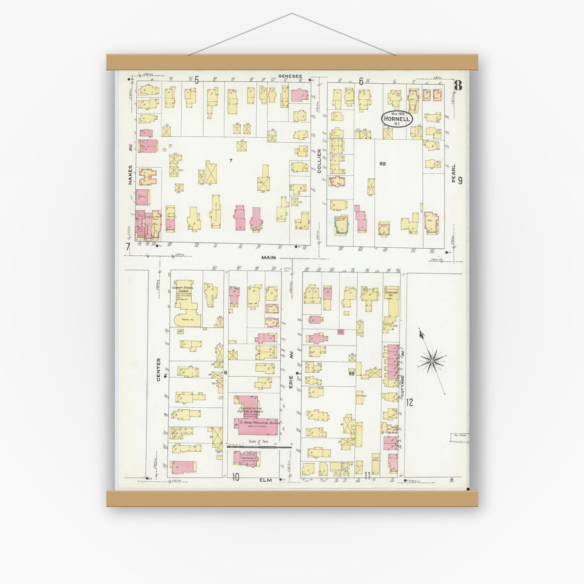 Old map wall art mockup — magnetic wood frame on white wall — Sanborn Fire Insurance Map from Hornell, Steuben County, New York (1909), Sheet #0008