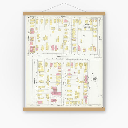 Old map wall art mockup — magnetic wood frame on white wall — Sanborn Fire Insurance Map from Hornell, Steuben County, New York (1909), Sheet #0008