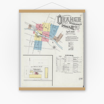 Old map wall art mockup — magnetic wood frame on white wall — Sanborn Fire Insurance Map from Orange, Franklin County, Massachusetts (1895) - Complete Map Set