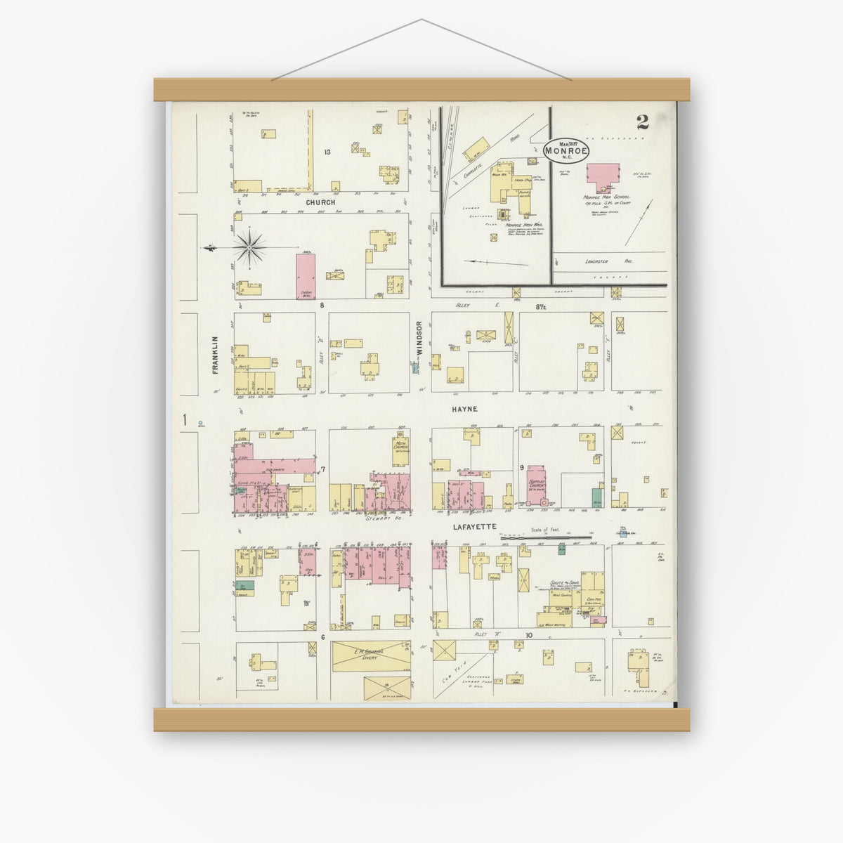 Old map wall art mockup — magnetic wood frame on white wall — Sanborn Fire Insurance Map from Monroe, Union County, North Carolina (1897), Sheet #0002
