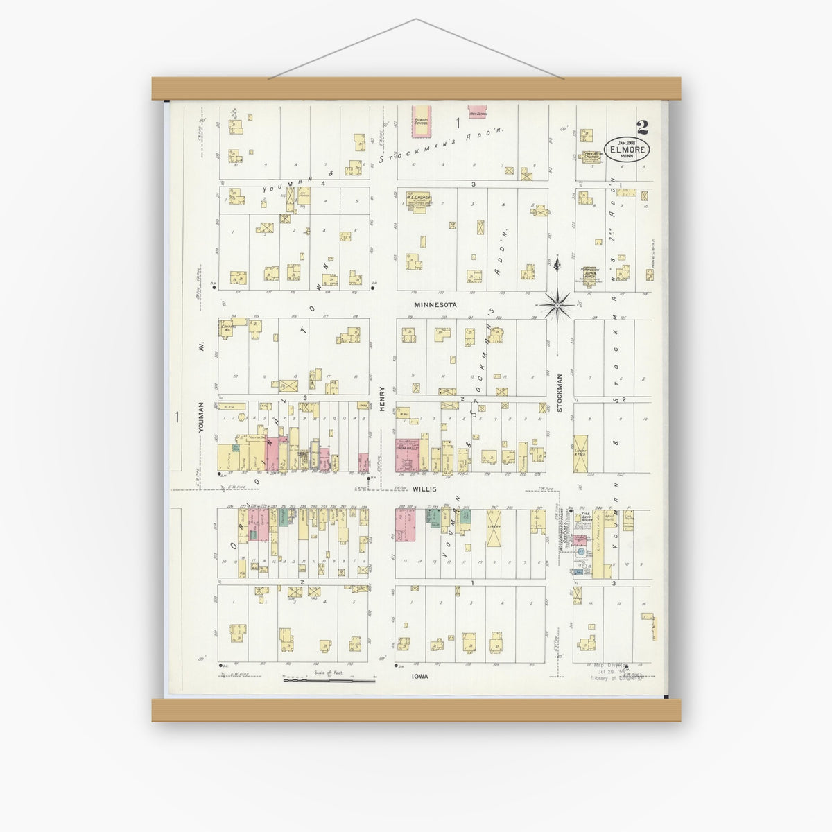 Old map wall art mockup — magnetic wood frame on white wall — Sanborn Fire Insurance Map from Elmore, Faribault County, Minnesota (1908), Sheet #0002