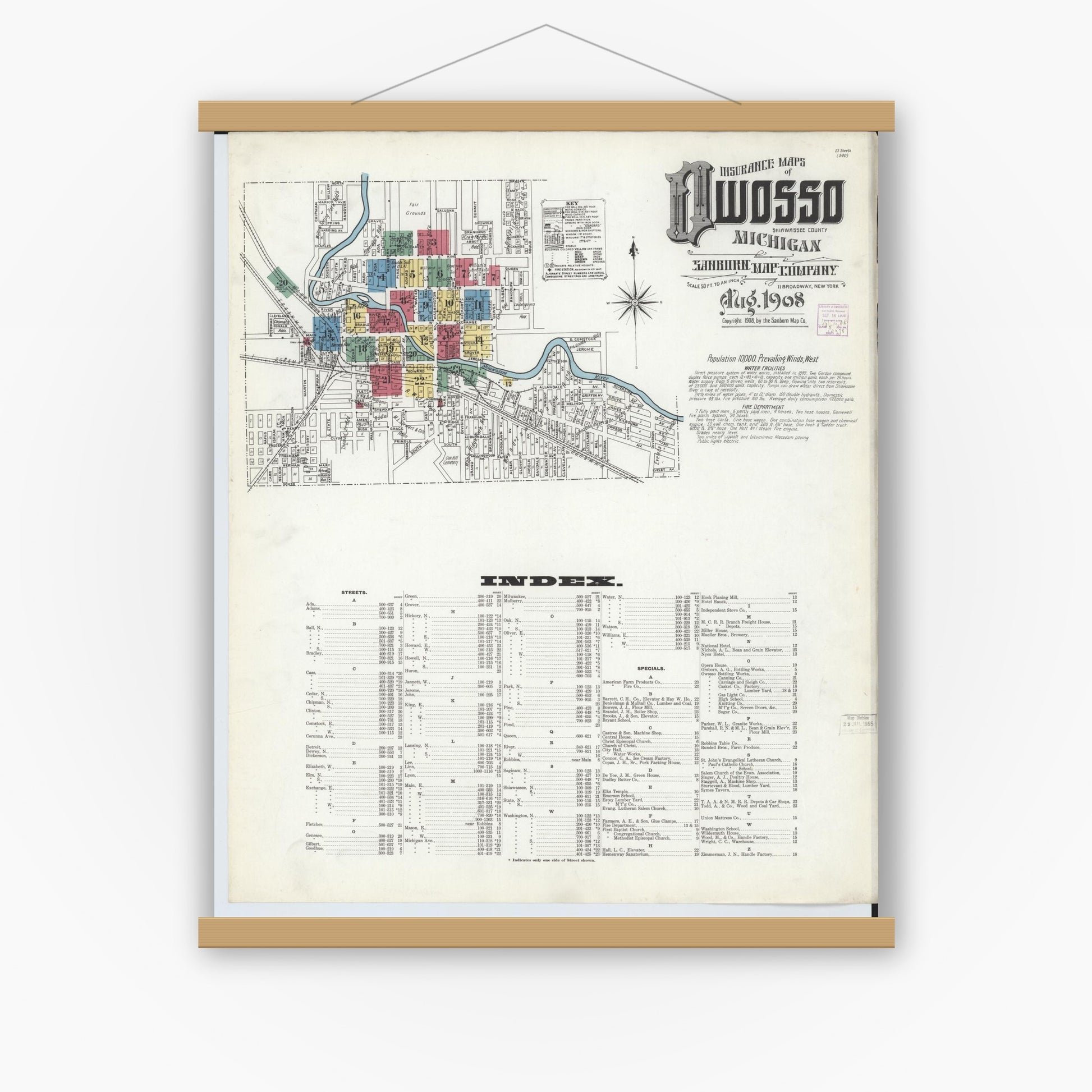 Old map wall art mockup — magnetic wood frame on white wall — Sanborn Fire Insurance Map from Owosso, Shiawassee County, Michigan (1908), Sheet #0001