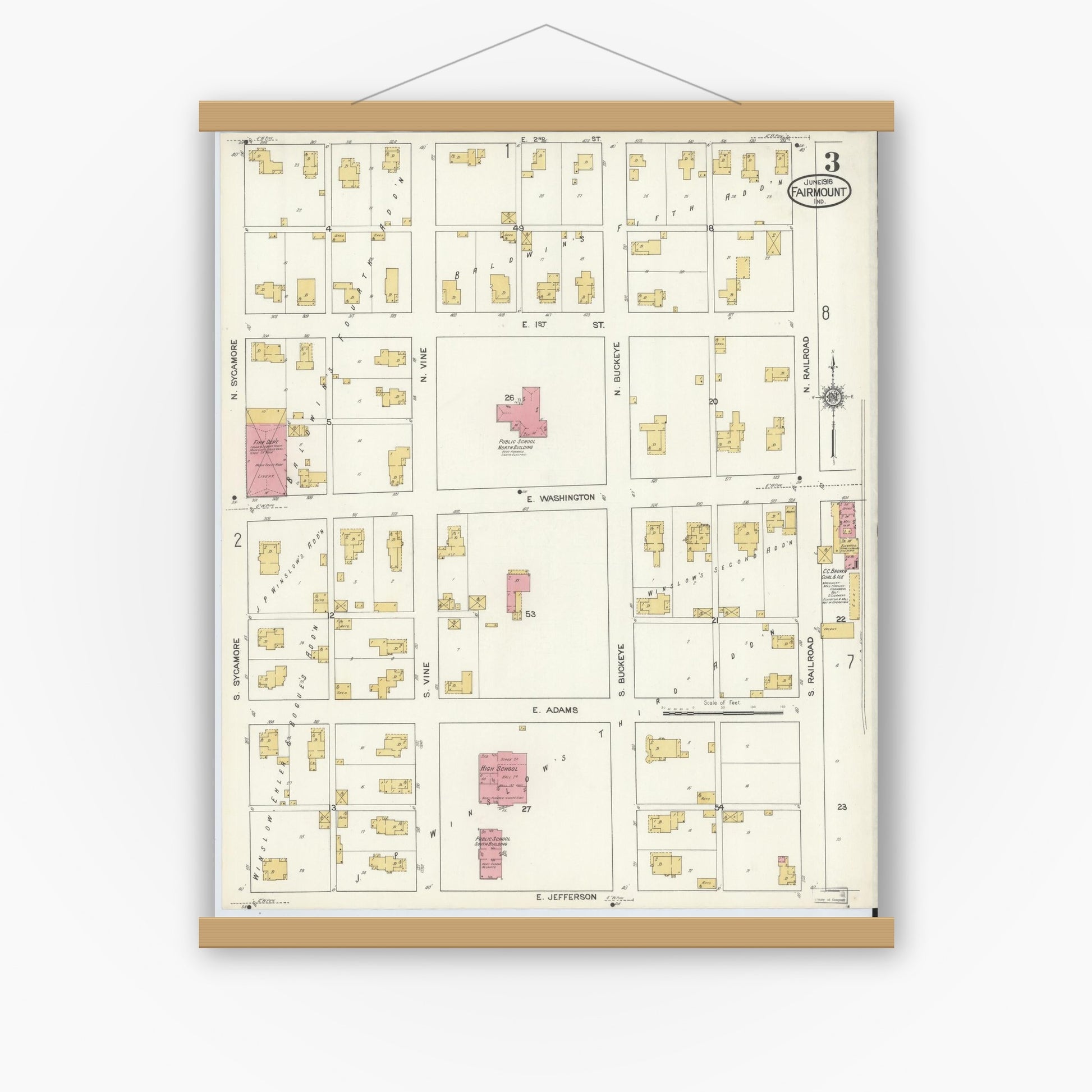 Old map wall art mockup — magnetic wood frame on white wall — Sanborn Fire Insurance Map from Fairmount, Grant County, Indiana (1916), Sheet #0003