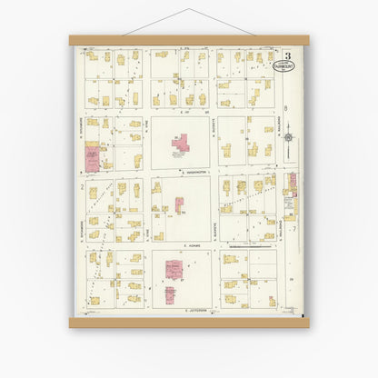 Old map wall art mockup — magnetic wood frame on white wall — Sanborn Fire Insurance Map from Fairmount, Grant County, Indiana (1916), Sheet #0003