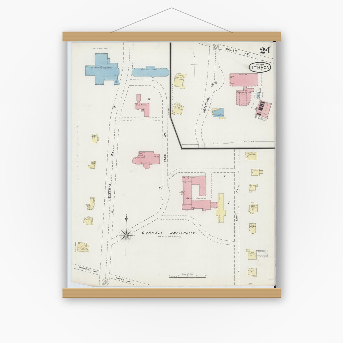 Old map wall art mockup — magnetic wood frame on white wall — Sanborn Fire Insurance Map from Ithaca, Tompkins County, New York (1893), Sheet #0024