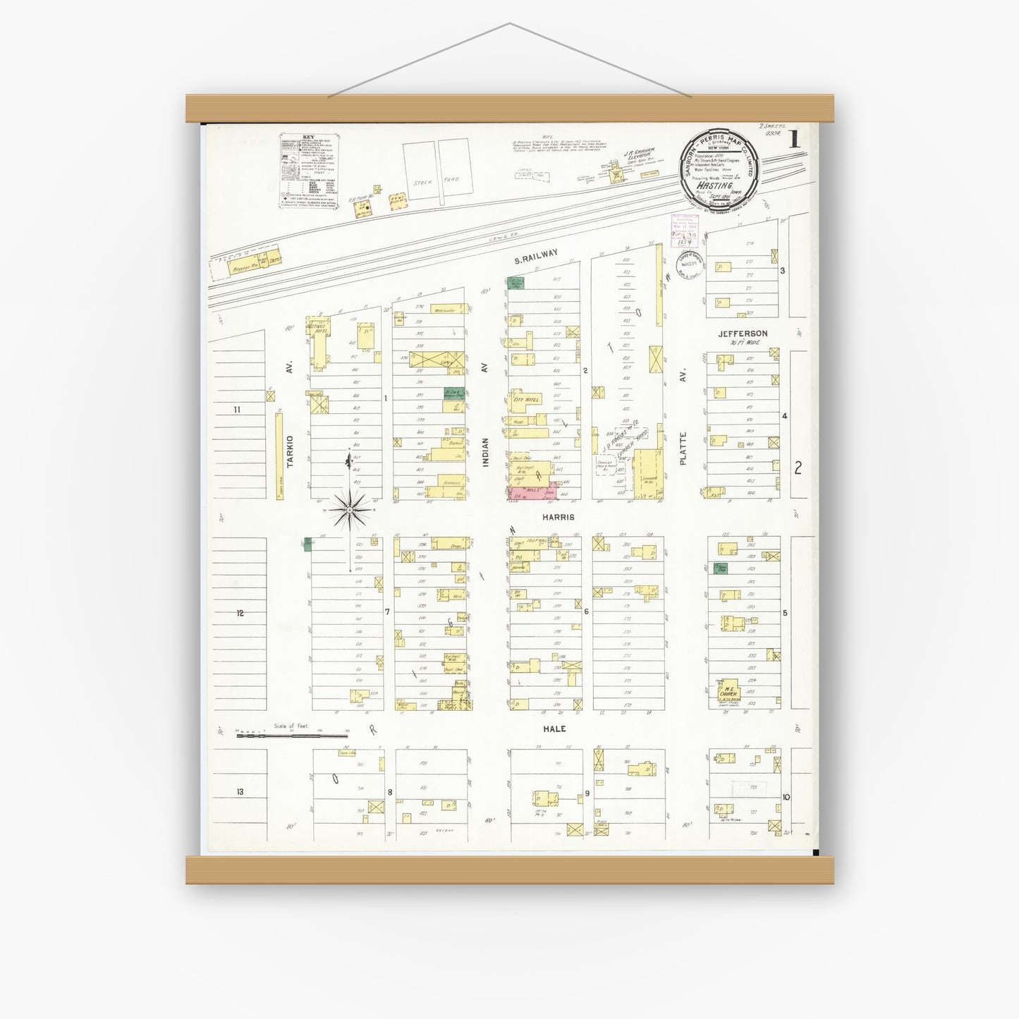 Old map wall art mockup — magnetic wood frame on white wall — Sanborn Fire Insurance Map from Hastings, Mills County, Iowa (1901) â€” Complete Set