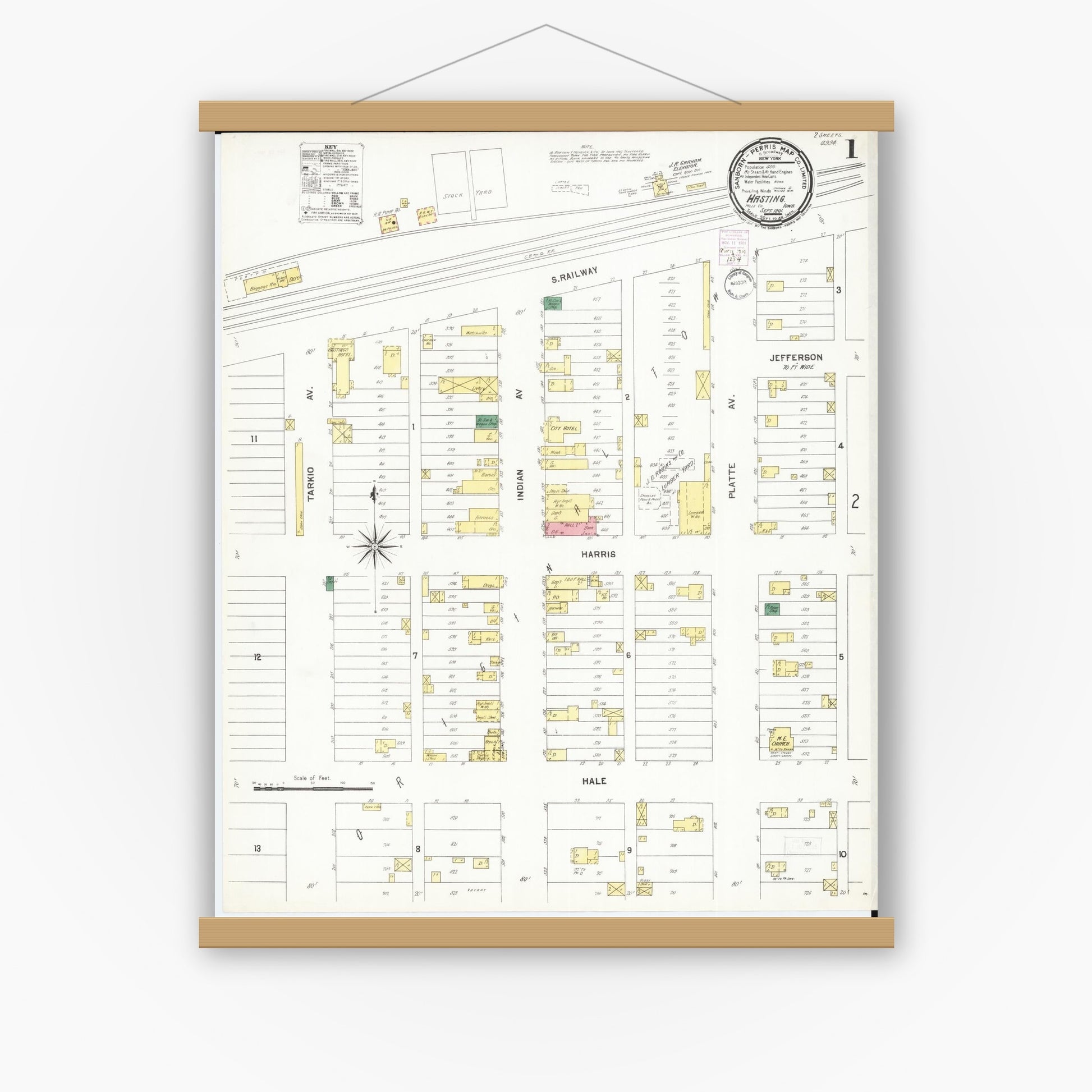 Old map wall art mockup — magnetic wood frame on white wall — Sanborn Fire Insurance Map from Hastings, Mills County, Iowa (1901) â€” Complete Set